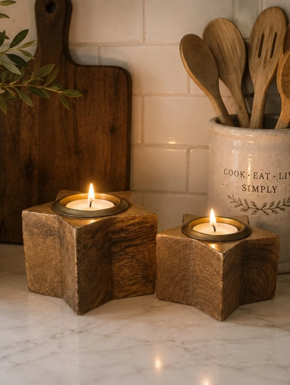 Hallmark Wood Star Tea Light Candle Holders Set of 2 Gold Tone